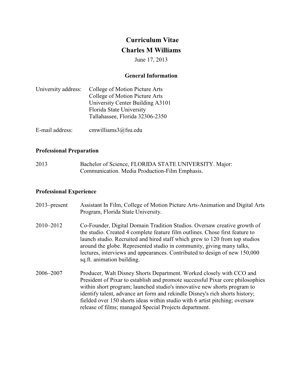 Curriculum Vitae Charles M Williams