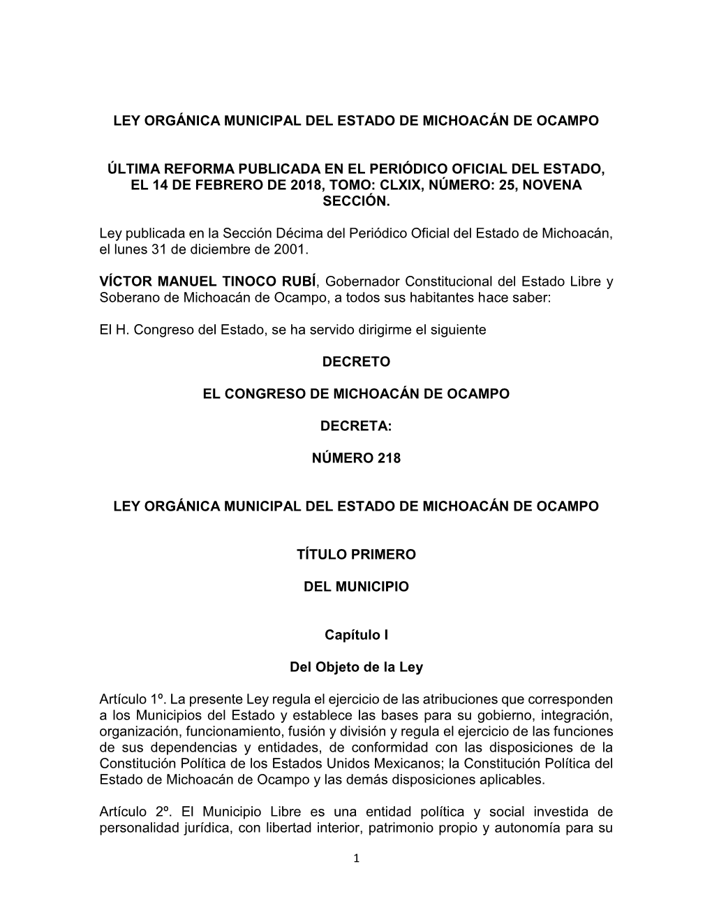 Ley Orgánica Municipal Del Estado De Michoacán De Ocampo