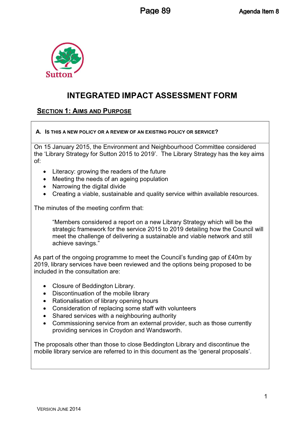 Integrated Impact Assessment Form