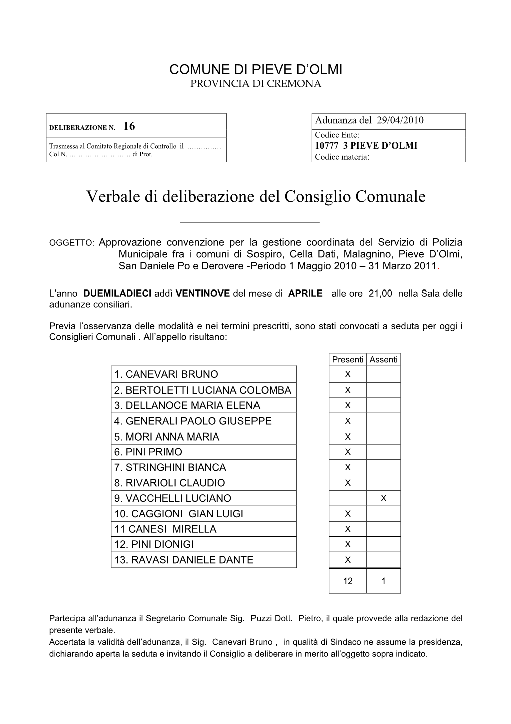 Verbale Di Deliberazione Del Consiglio Comunale