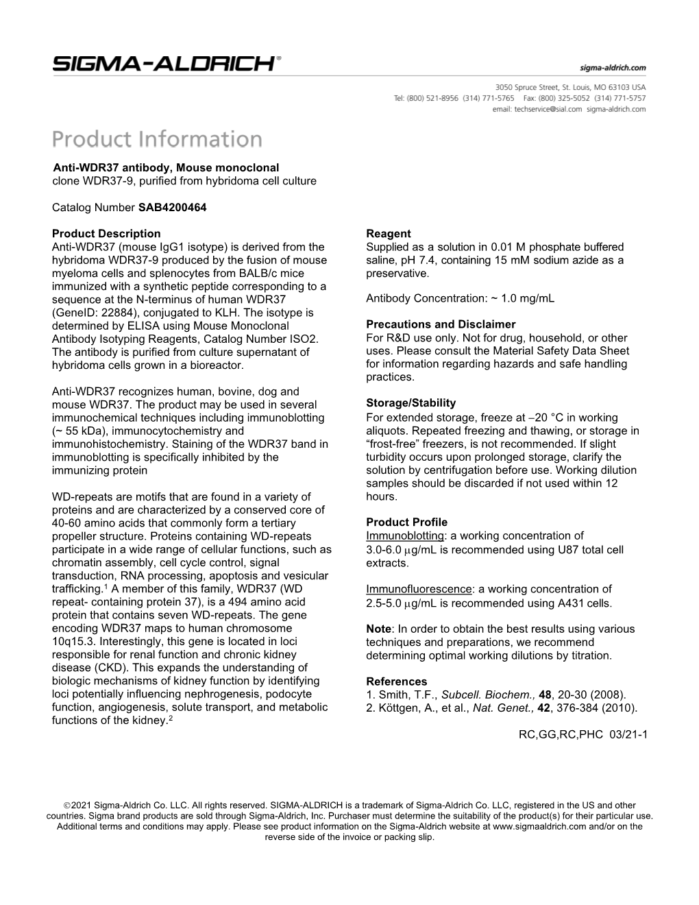 Anti-WDR37 Antibody, Mouse Monoclonal Clone WDR37-9, Purified from Hybridoma Cell Culture Catalog Number SAB4200464 Product