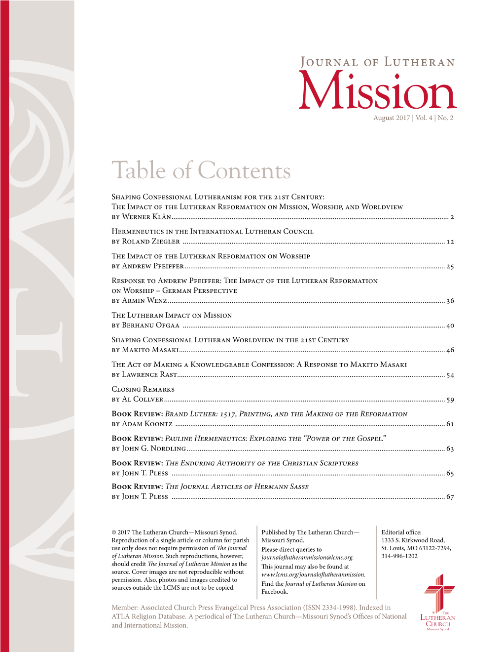 August 2017 Lcms Journal of Lutheran Mission