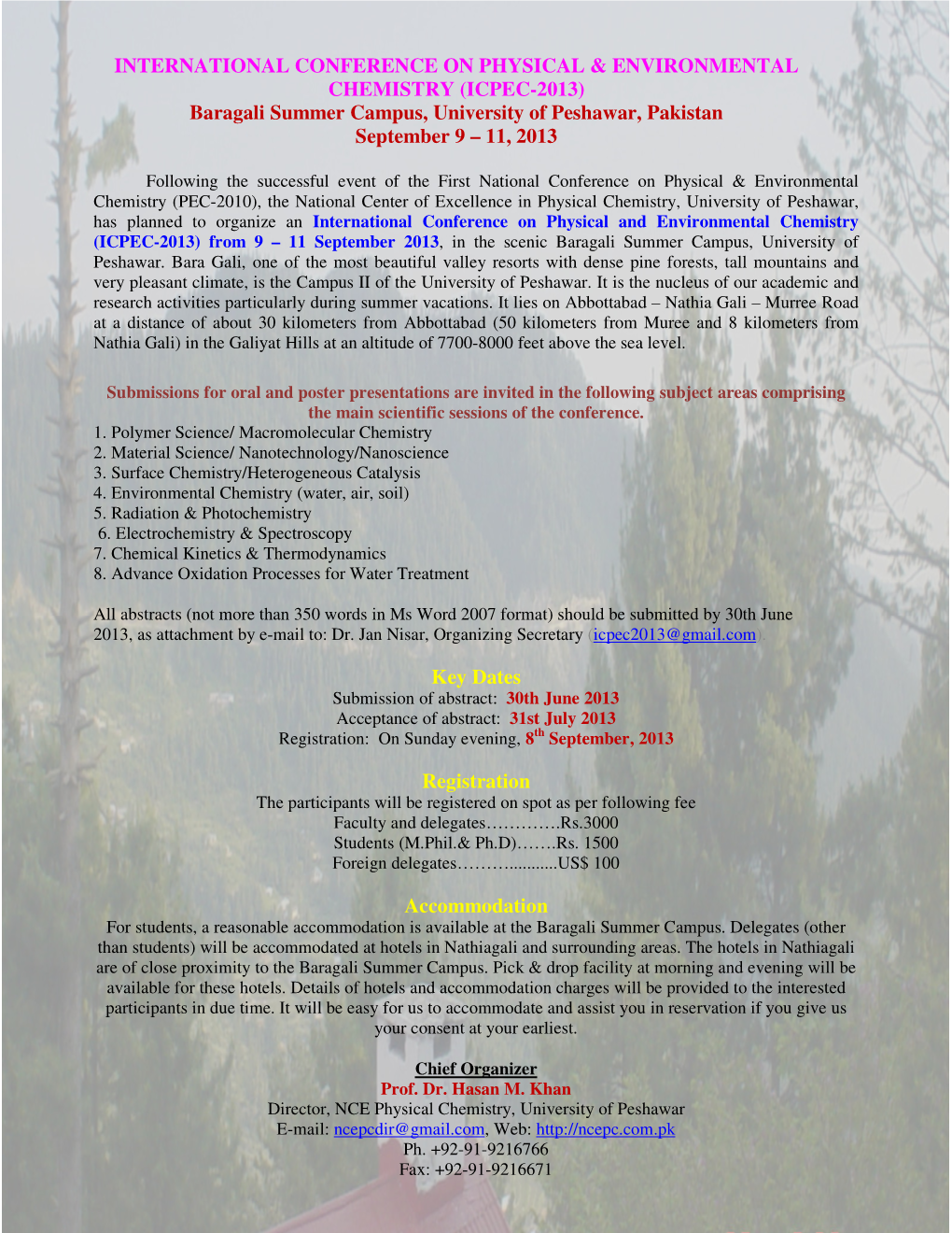 ICPEC-2013) Baragali Summer Campus, University of Peshawar, Pakistan September 9 – 11, 2013