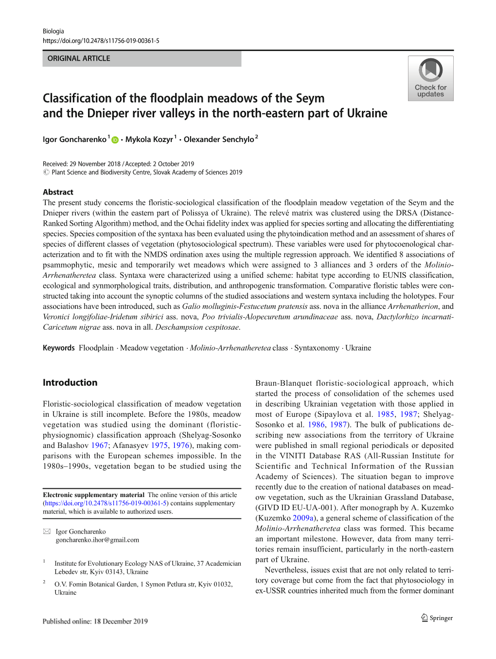 Classification of the Floodplain Meadows of the Seym and the Dnieper River Valleys in the North-Eastern Part of Ukraine