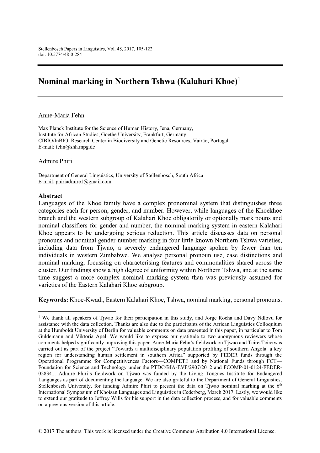 Nominal Marking in Northern Tshwa (Kalahari Khoe)1