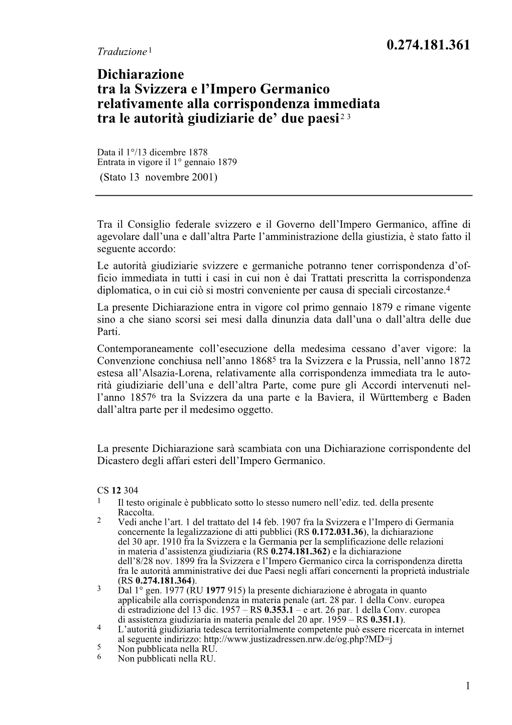 Dichiarazione Tra La Svizzera E L'impero Germanico Relativamente