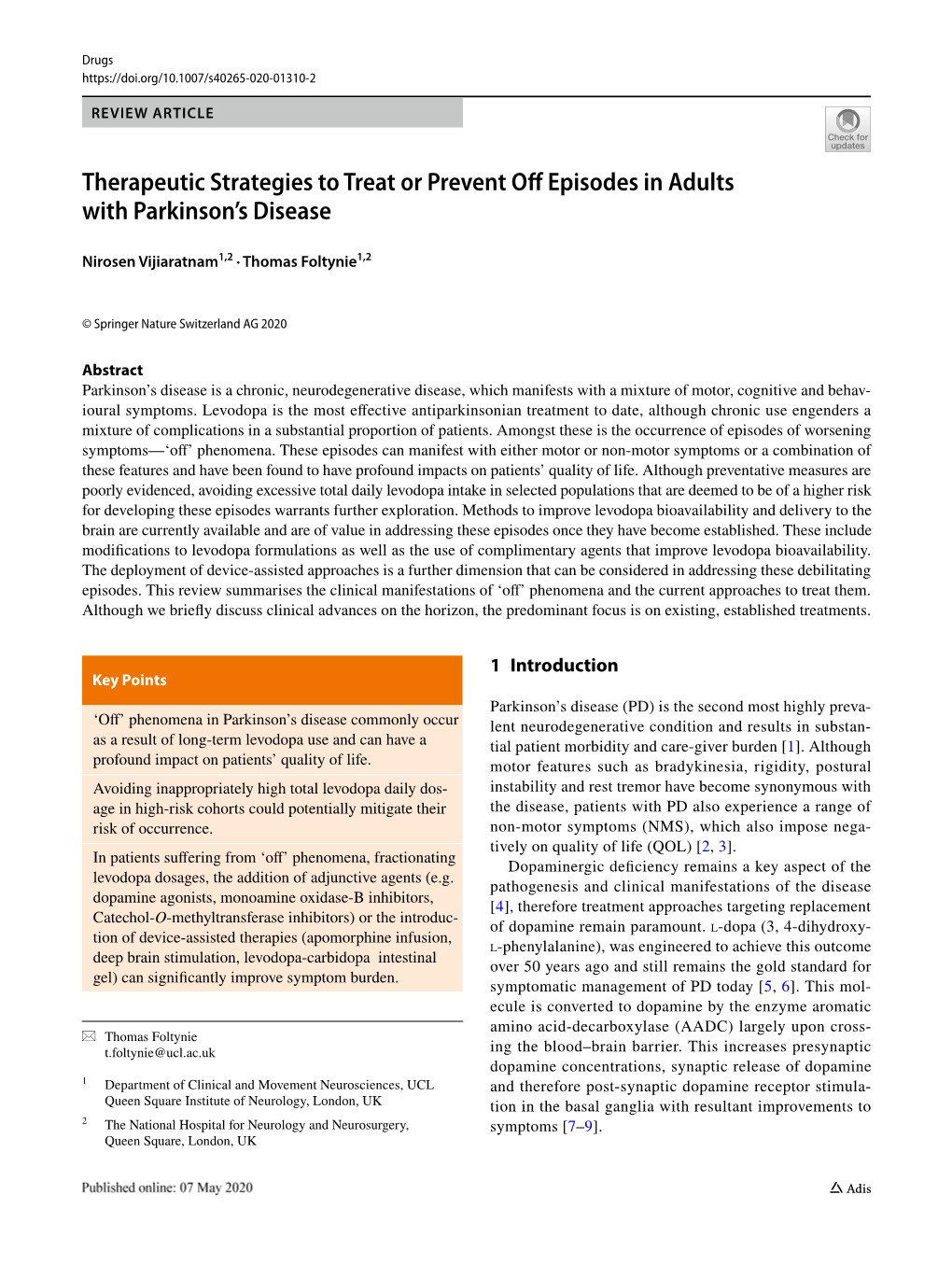 Therapeutic Strategies to Treat Or Prevent Off Episodes in Adults With