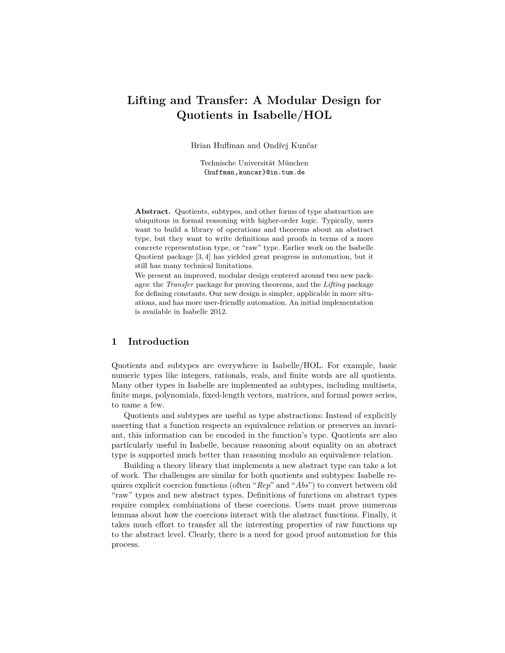 Lifting and Transfer: a Modular Design for Quotients in Isabelle/HOL