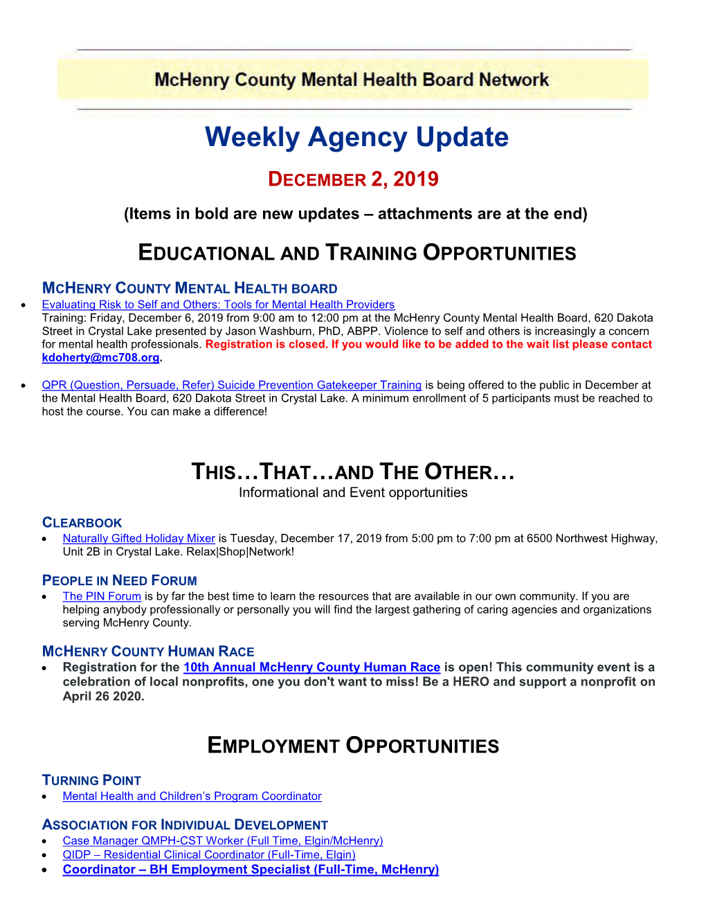 Weekly Agency Update