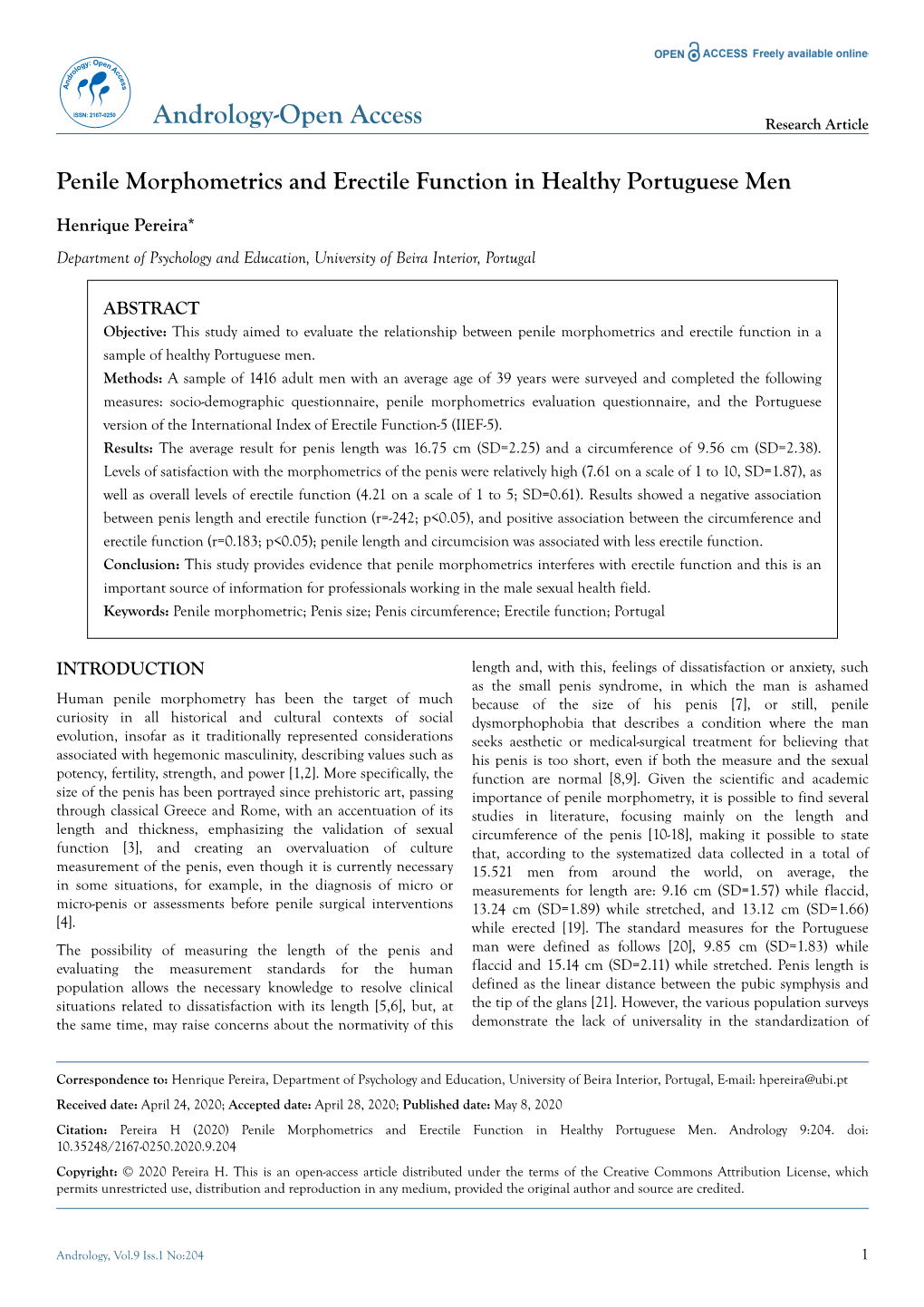 Penile Morphometrics and Erectile Function in Healthy Portuguese Men