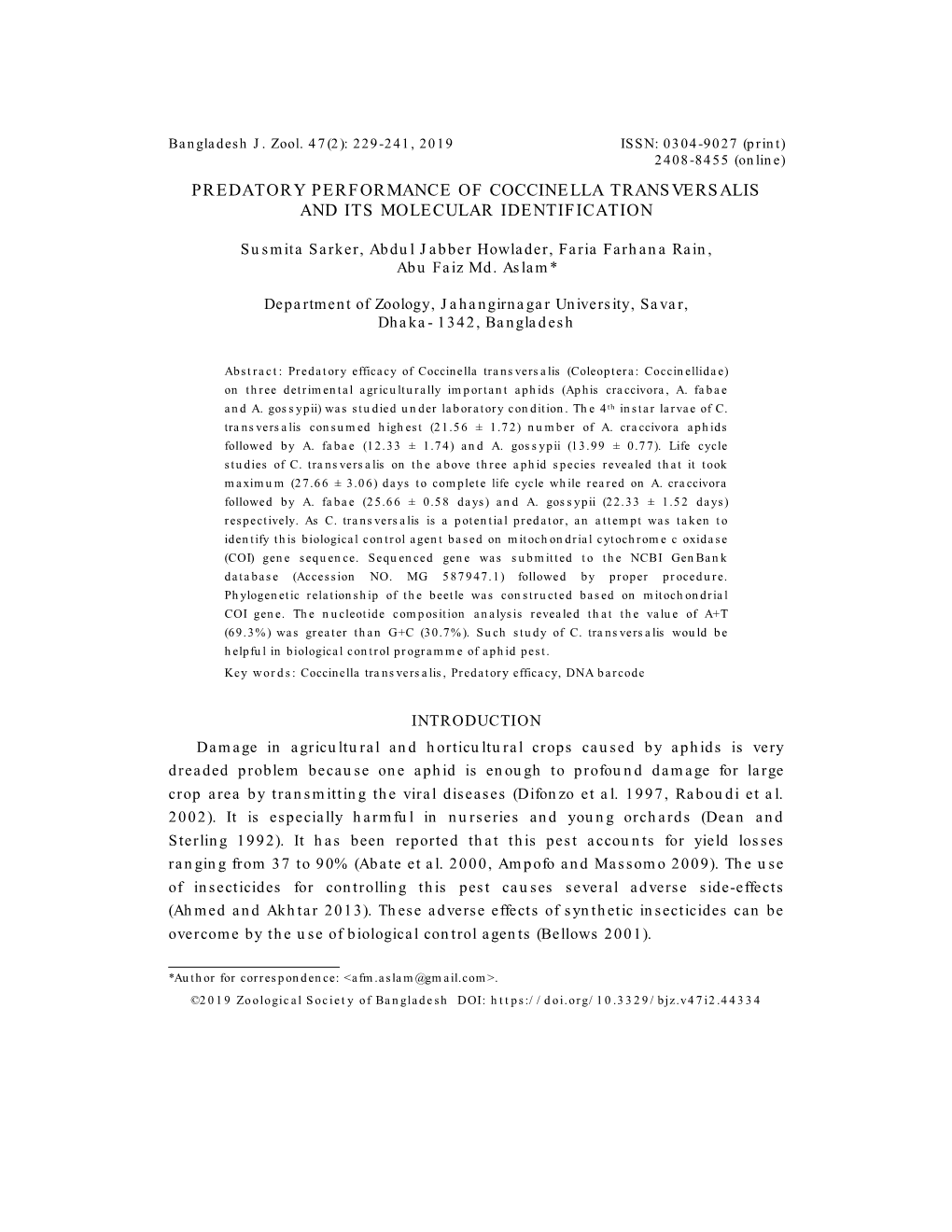 Predatory Performance of Coccinella Transversalis and Its Molecular Identification