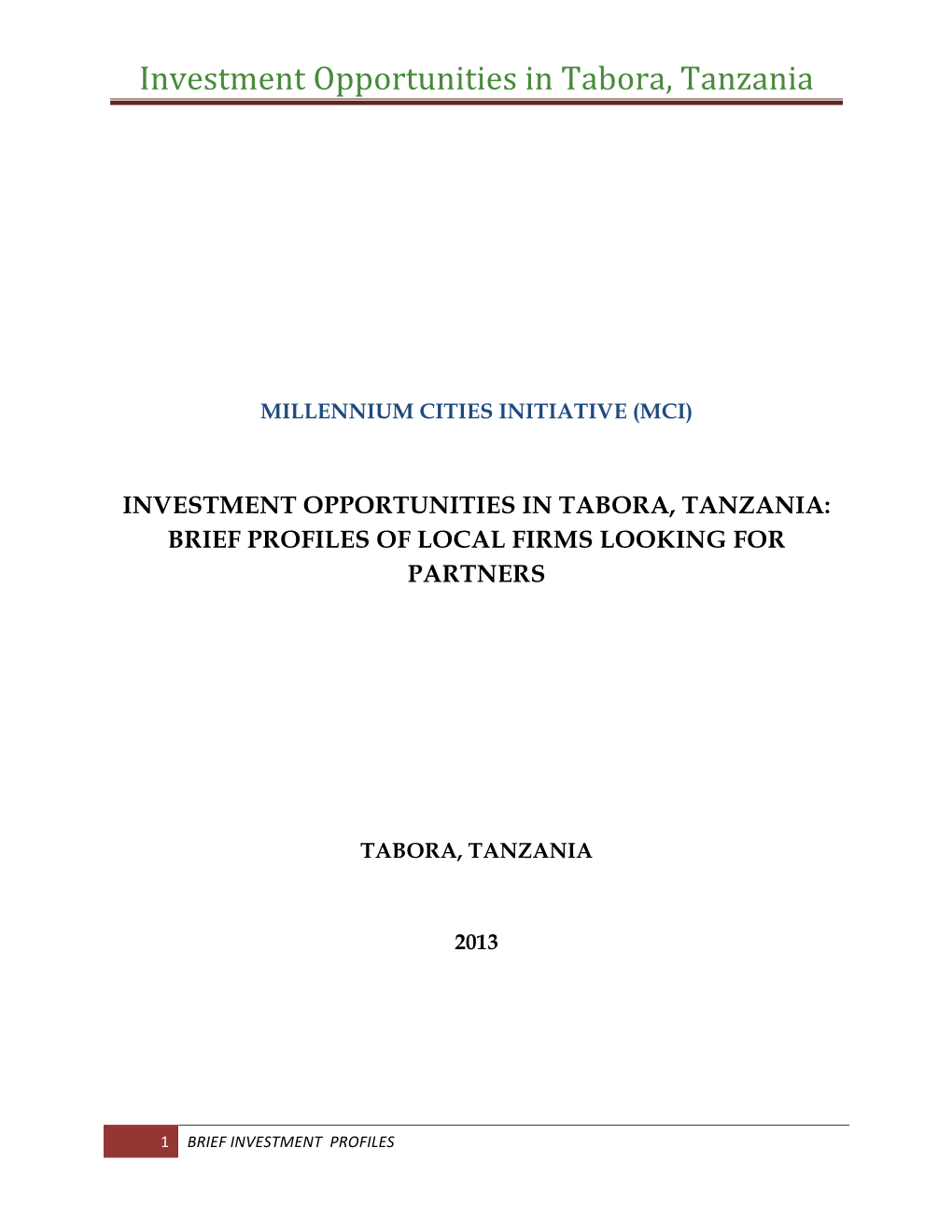 Investment Opportunities in Tabora, Tanzania