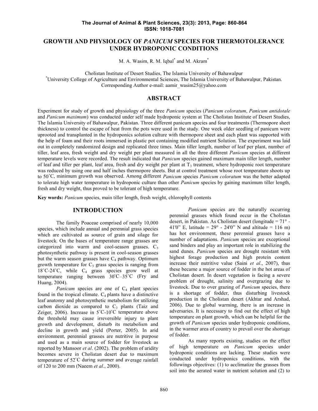 Growth and Physiology of Panicum Species for Thermotolerance Under Hydroponic Conditions