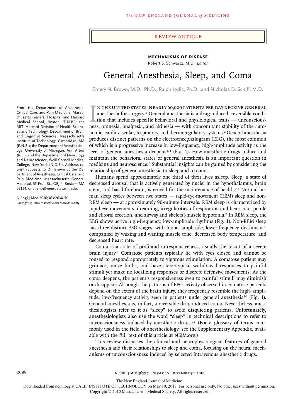 General Anesthesia, Sleep, and Coma
