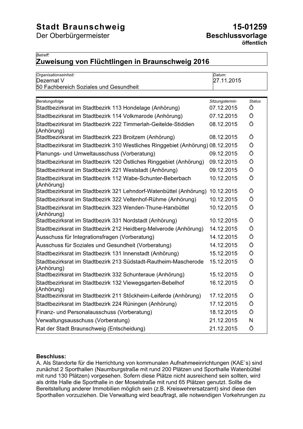 Stadt Braunschweig 15-01259 Der Oberbürgermeister Beschlussvorlage Öffentlich