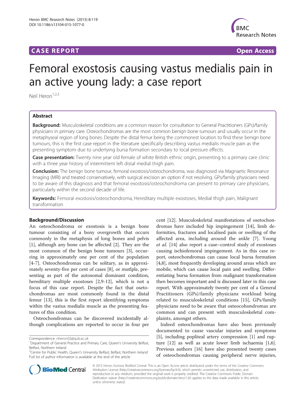 Femoral Exostosis Causing Vastus Medialis Pain in an Active Young Lady: a Case Report Neil Heron1,2,3