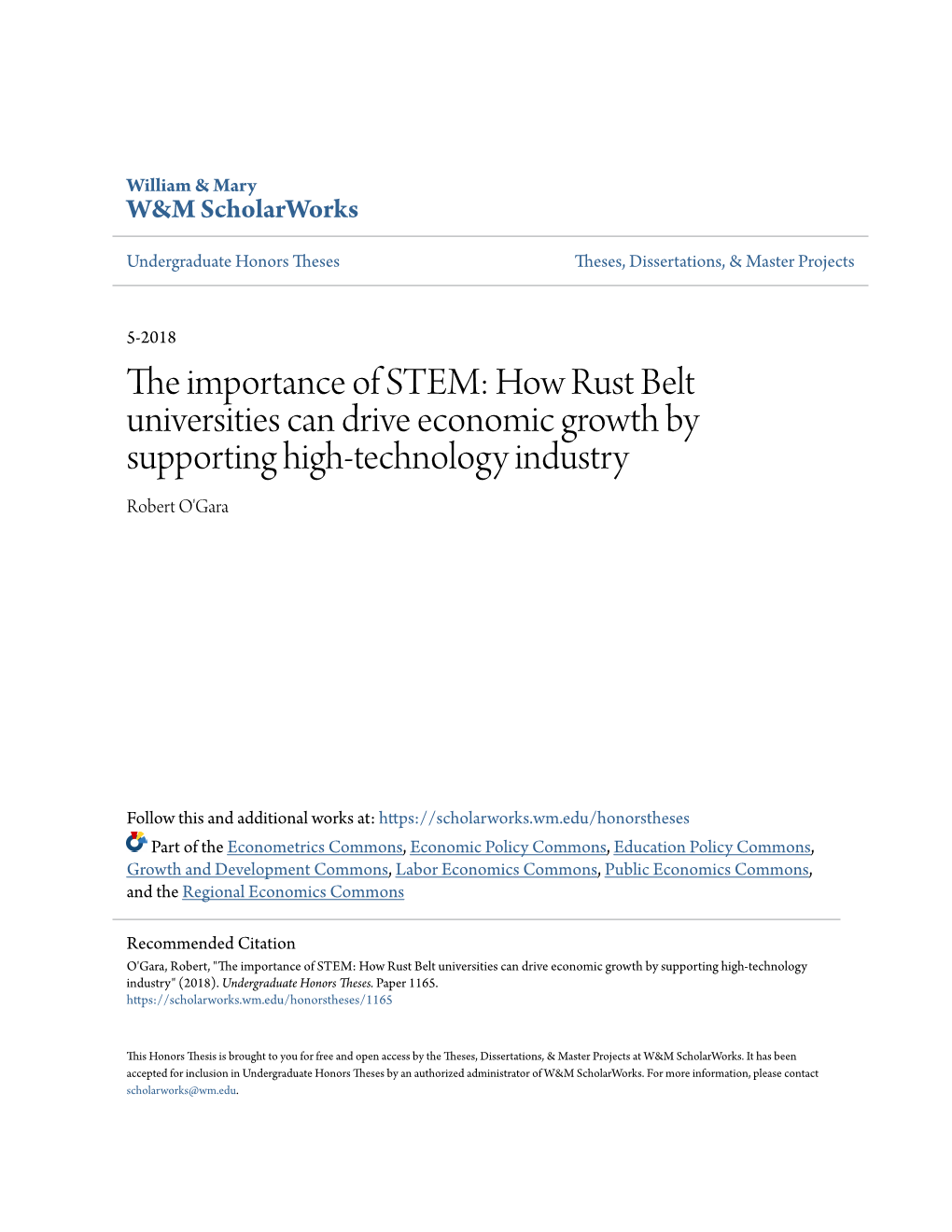 How Rust Belt Universities Can Drive Economic Growth by Supporting High-Technology Industry Robert O'gara