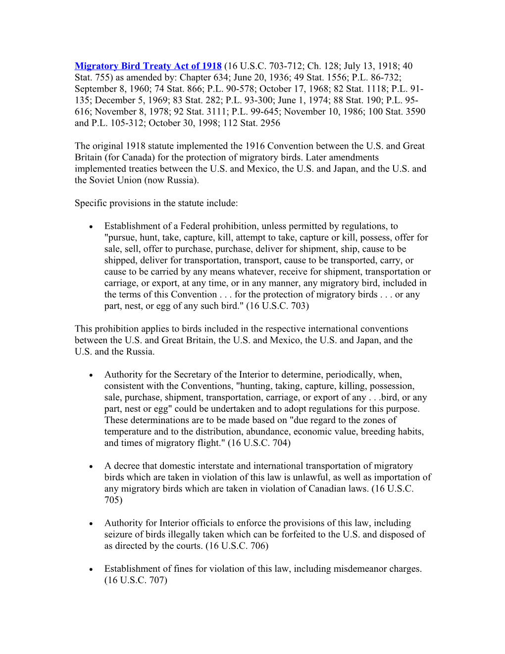 Migratory Bird Treaty Act Of 1918 (16 U