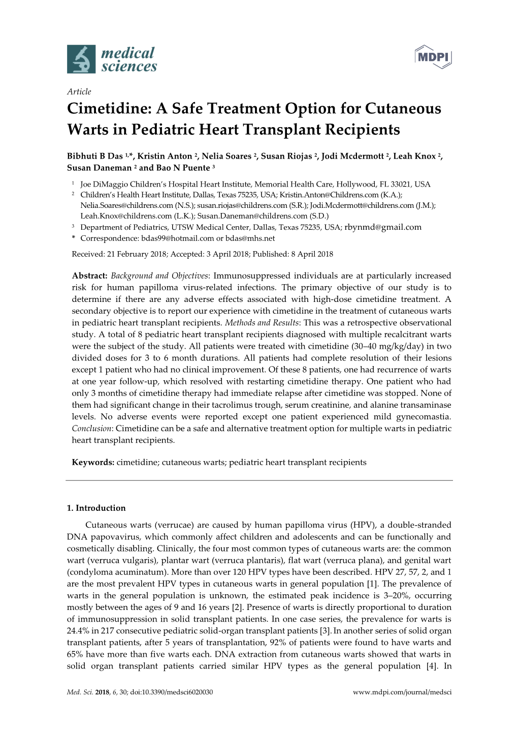 Cimetidine: a Safe Treatment Option for Cutaneous Warts in Pediatric Heart Transplant Recipients