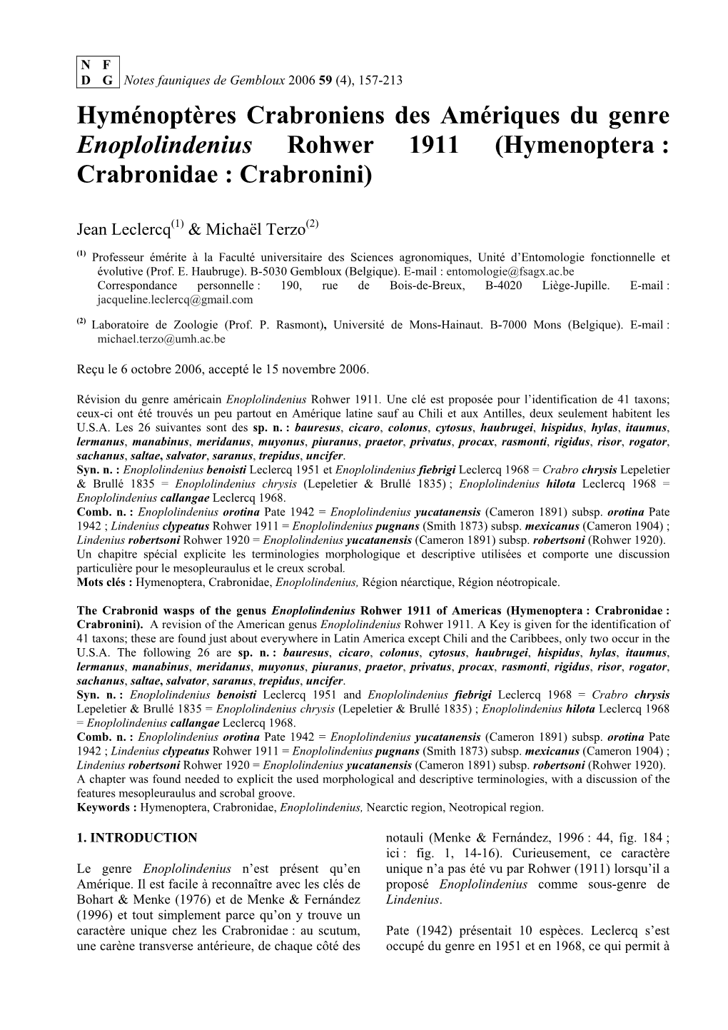 Hyménoptères Crabroniens Des Amériques Du Genre Enoplolindenius Rohwer 1911 (Hymenoptera : Crabronidae : Crabronini)