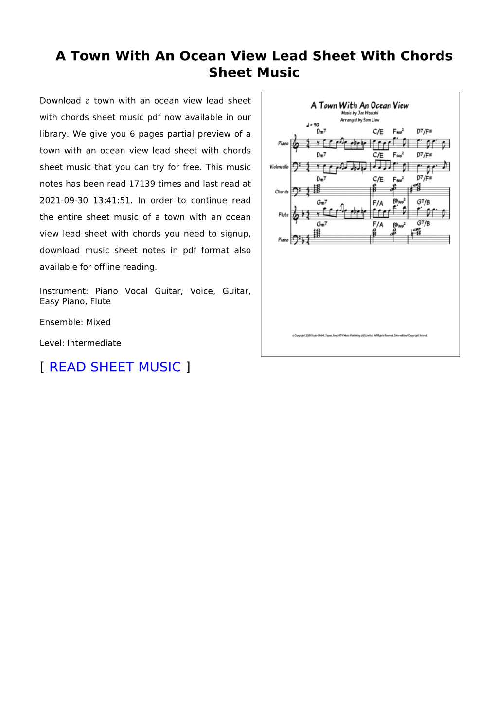 A Town with an Ocean View Lead Sheet with Chords Sheet Music