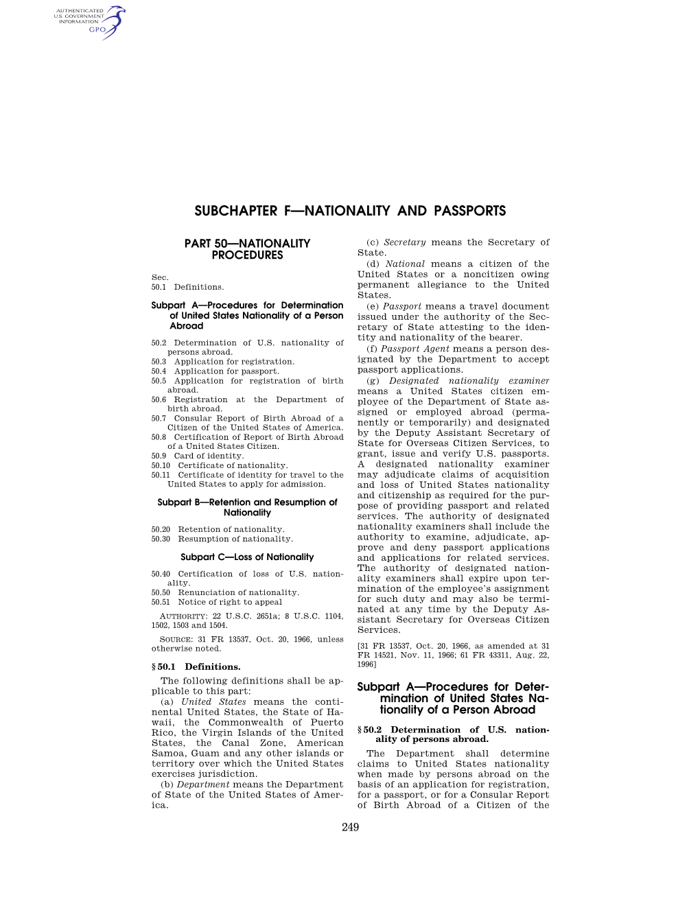 Subchapter F—Nationality and Passports