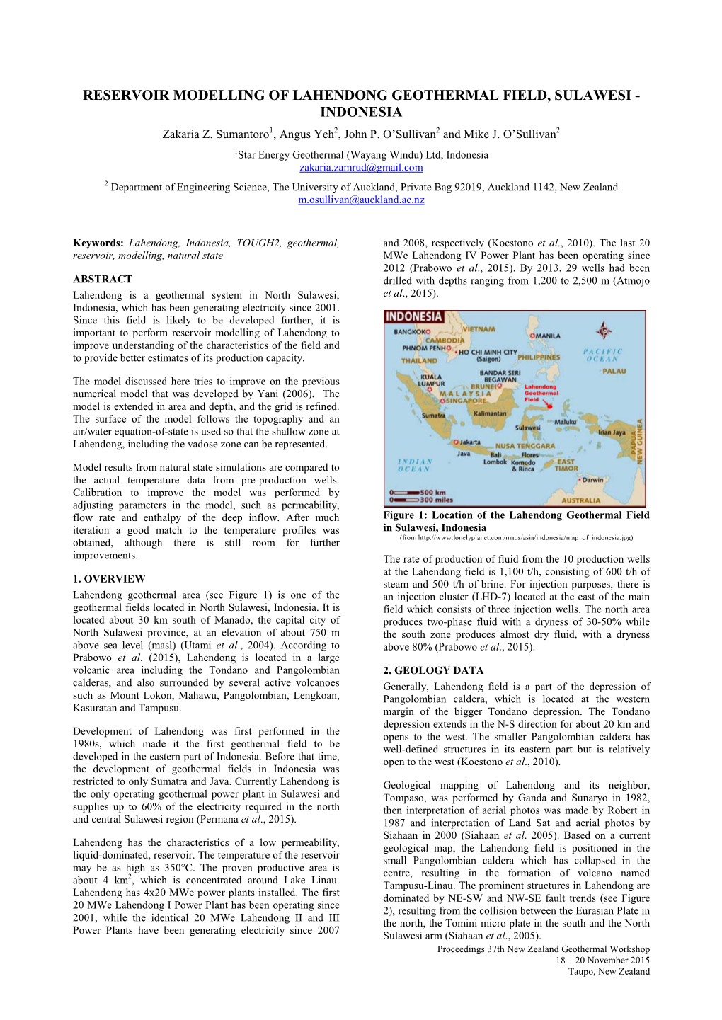 RESERVOIR MODELLING of LAHENDONG GEOTHERMAL FIELD, SULAWESI - INDONESIA Zakaria Z