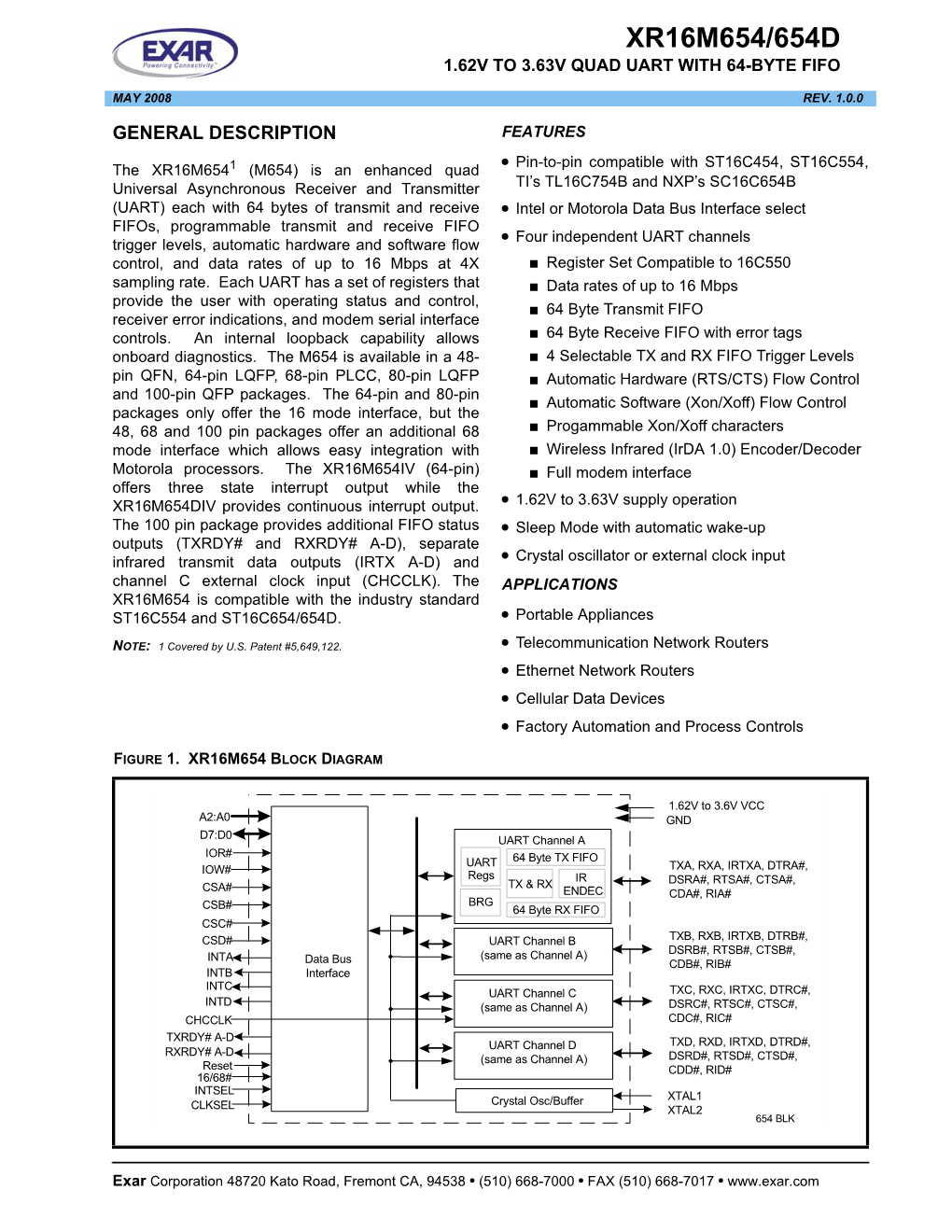 Xr16m654/654D 1.62V to 3.63V Quad Uart with 64-Byte Fifo