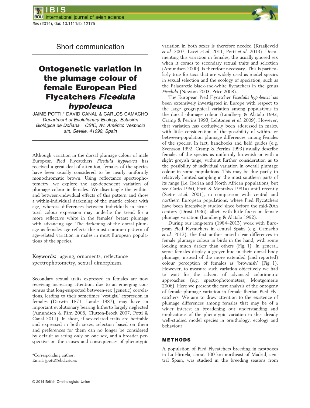 Ontogenetic Variation in the Plumage Colour Of