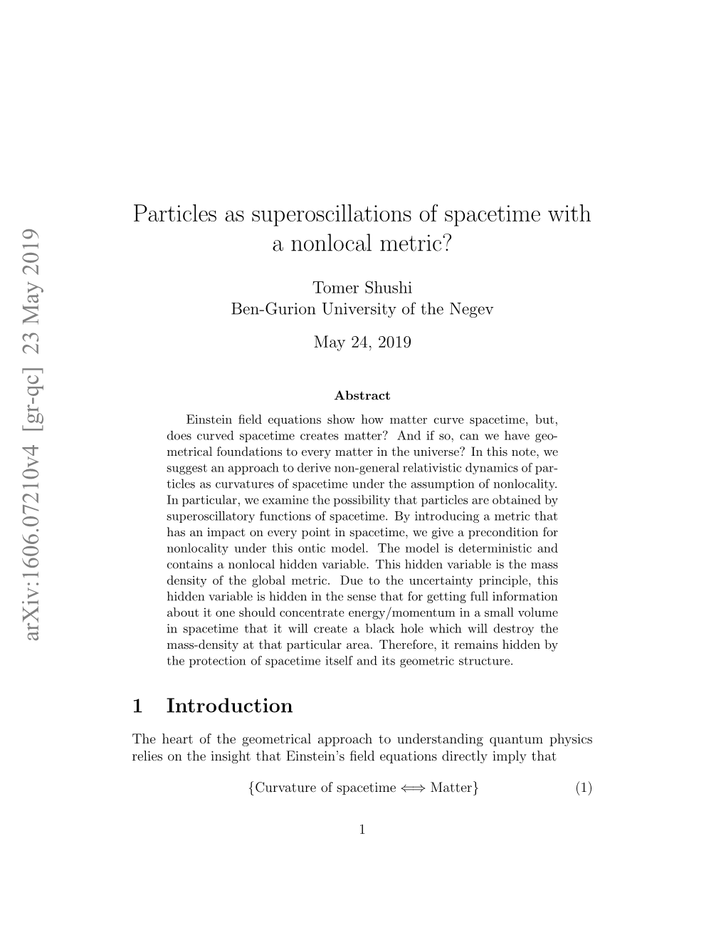 Particles As Superoscillations of Spacetime with a Nonlocal Metric?