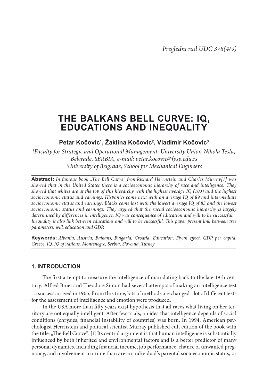 The Balkans Bell Curve: Iq, Educations and Inequality