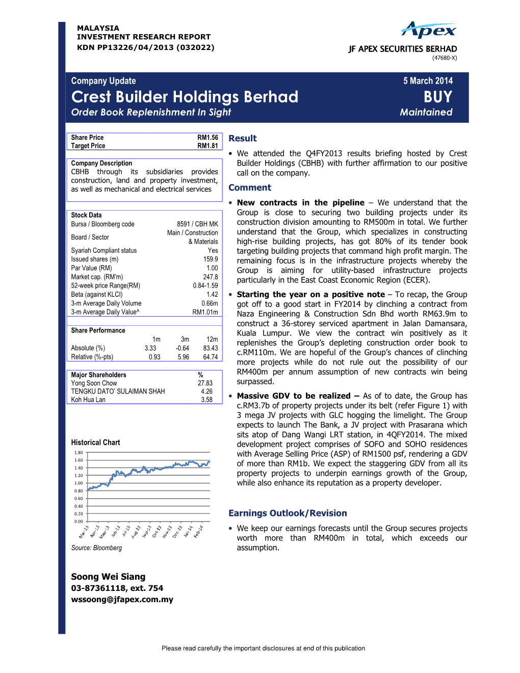 Crest Builder Holdings Berhad BUY Order Book Replenishment in Sight Maintained