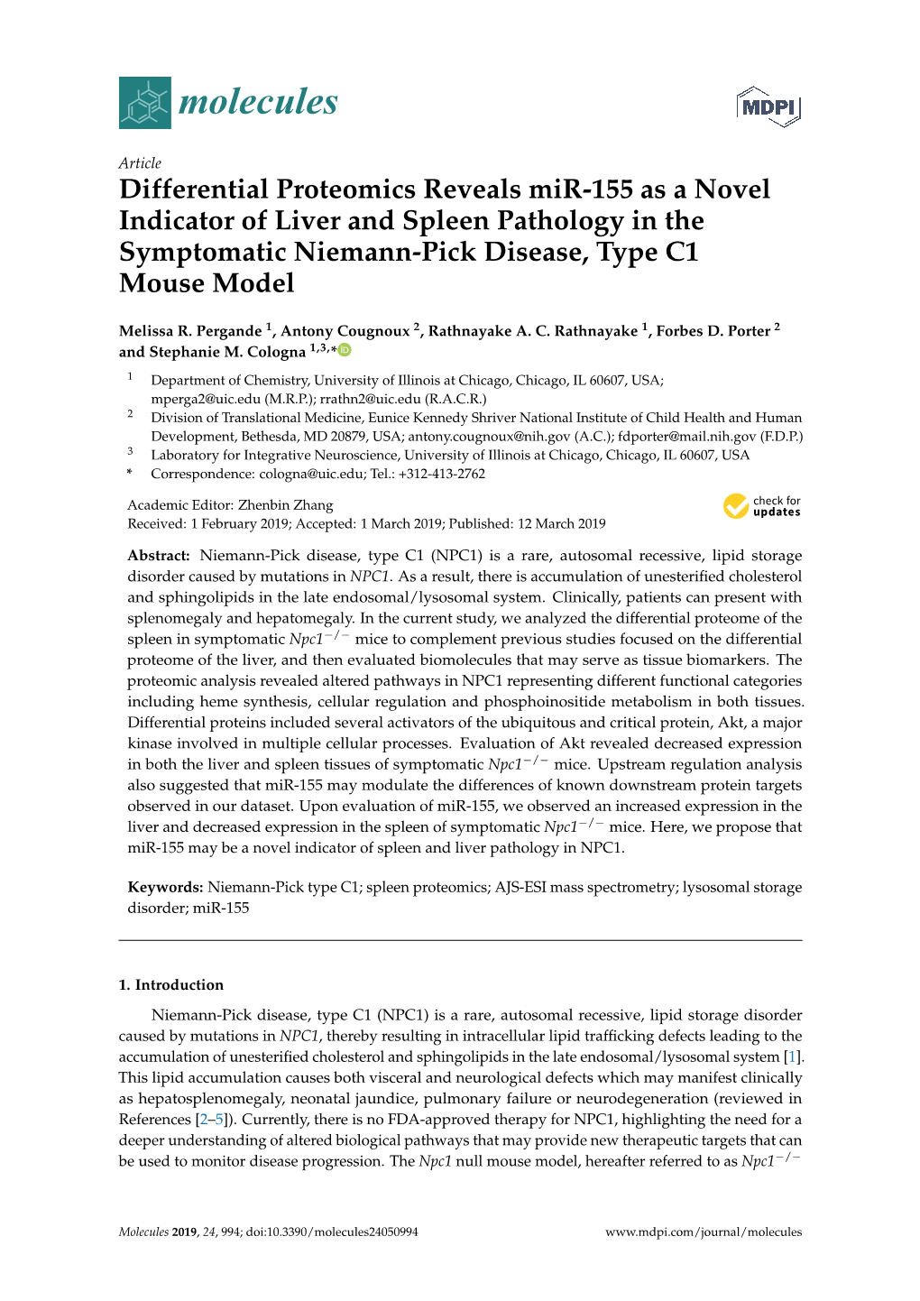 Differential Proteomics Reveals Mir-155 As a Novel Indicator of Liver and Spleen Pathology in the Symptomatic Niemann-Pick Disease, Type C1 Mouse Model