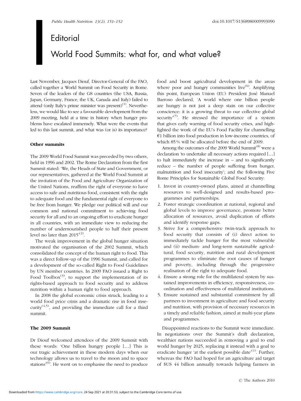 World Food Summits: What For, and What Value?