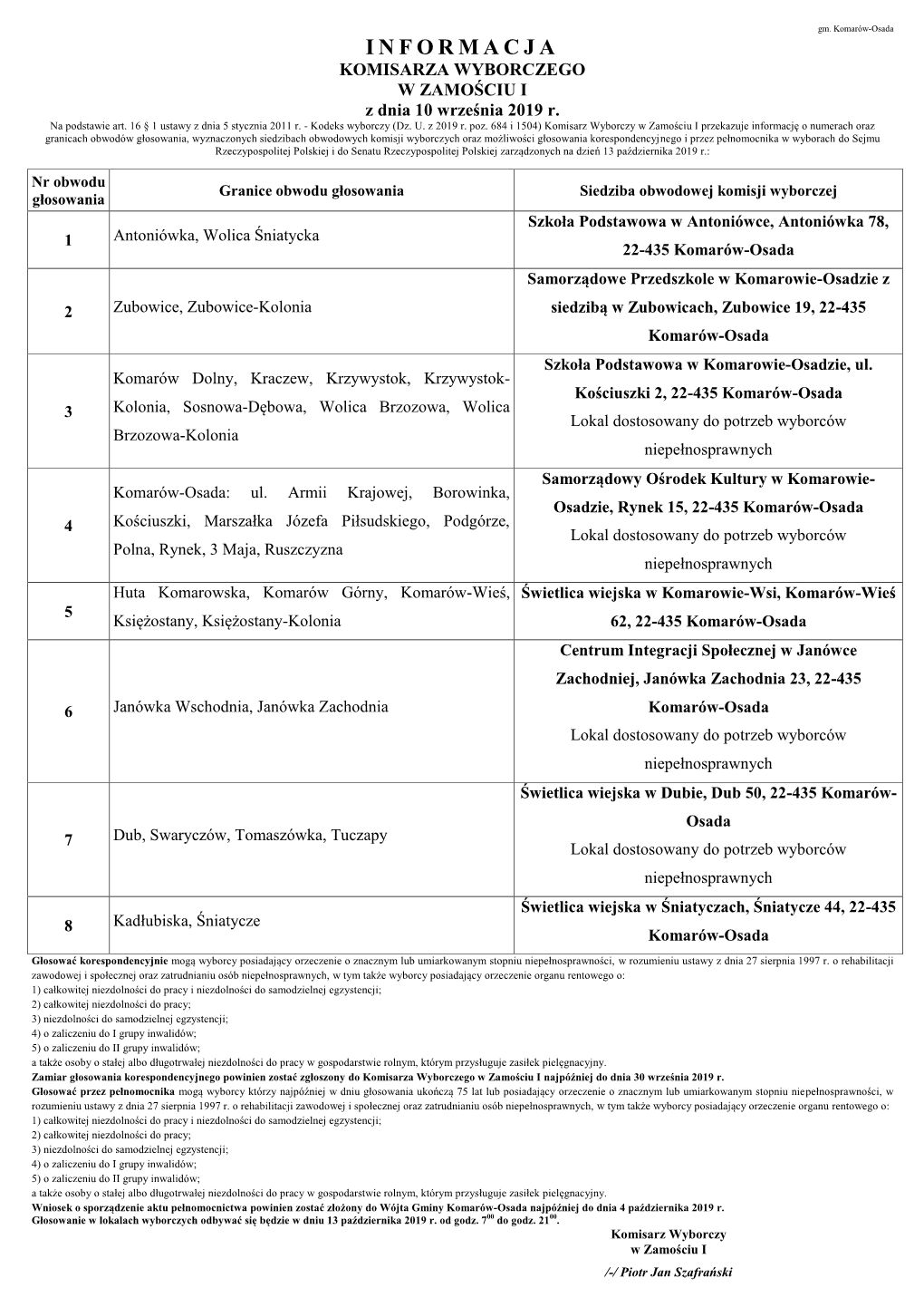 INFORMACJA KOMISARZA WYBORCZEGO W ZAMOŚCIU I Z Dnia 10 Września 2019 R