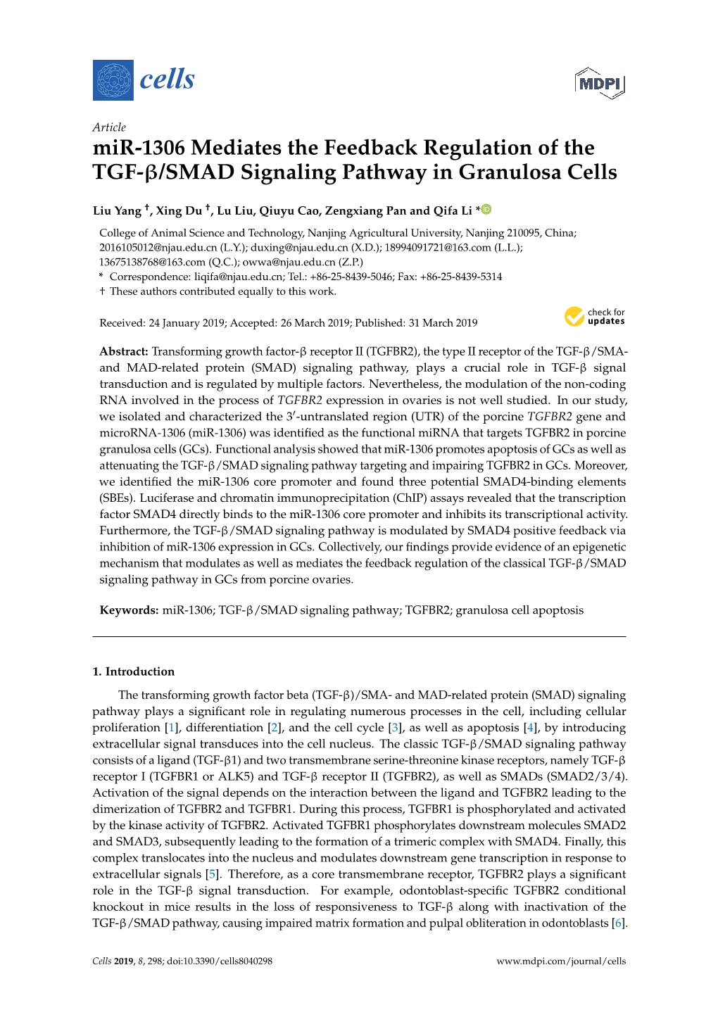 Mir-1306 Mediates the Feedback Regulation of the TGF-/SMAD