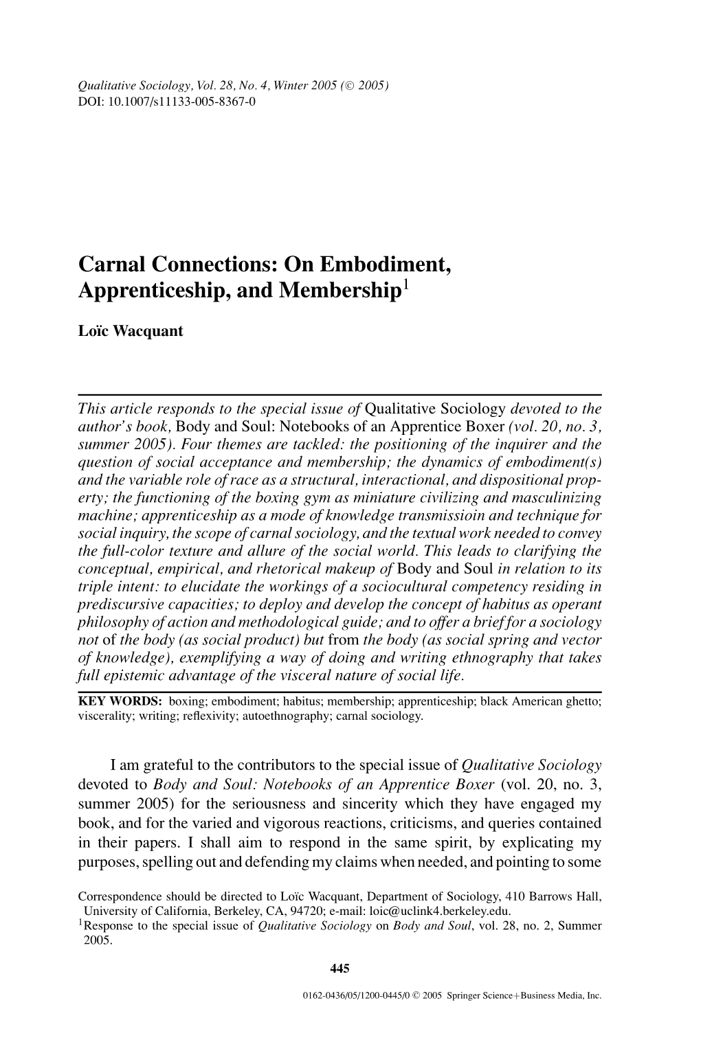 Carnal Connections: on Embodiment, Apprenticeship, and Membership1