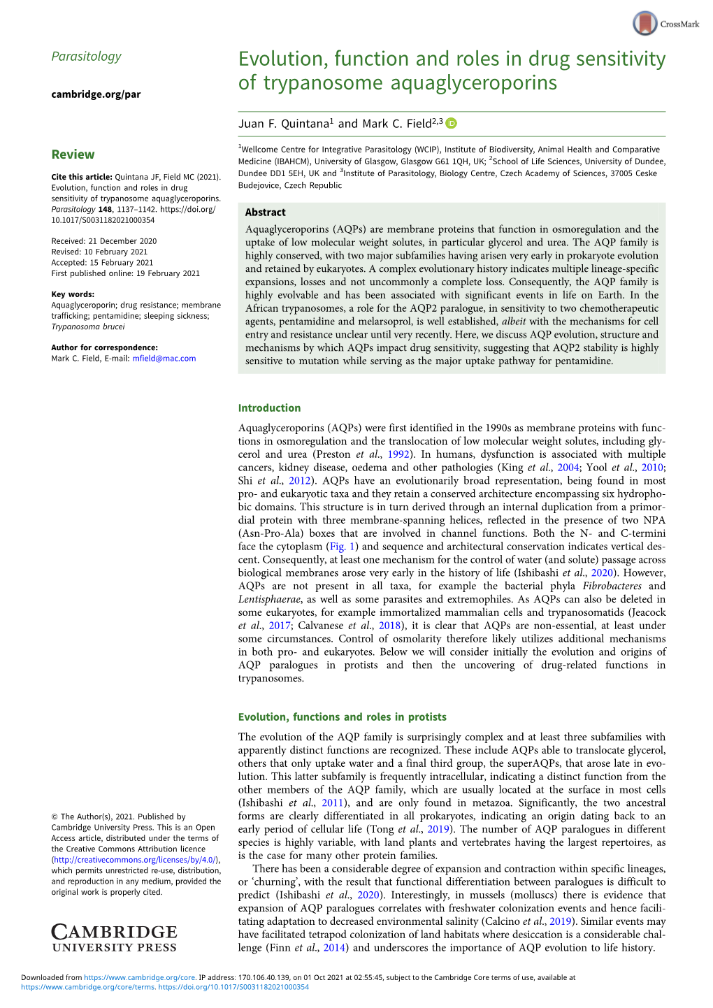 Evolution, Function and Roles in Drug Sensitivity of Trypanosome Aquaglyceroporins Cambridge.Org/Par