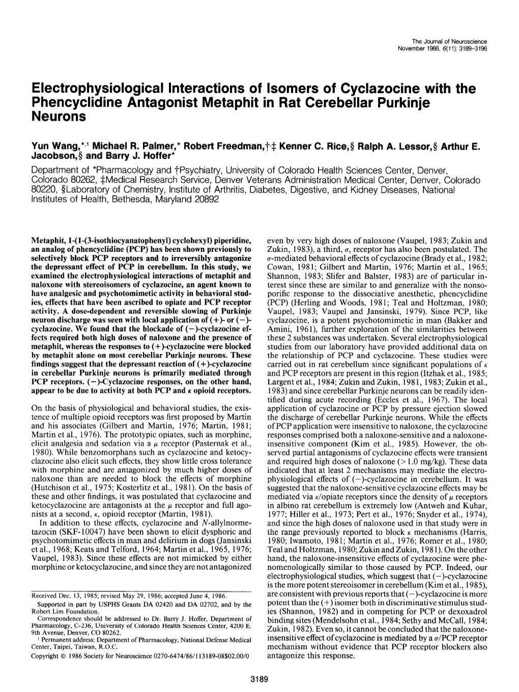 Electrophysiological Interactions of Isomers of Cyclazocine with the Phencyclidine Antagonist Metaphit in Rat Cerebellar Purkinje Neurons