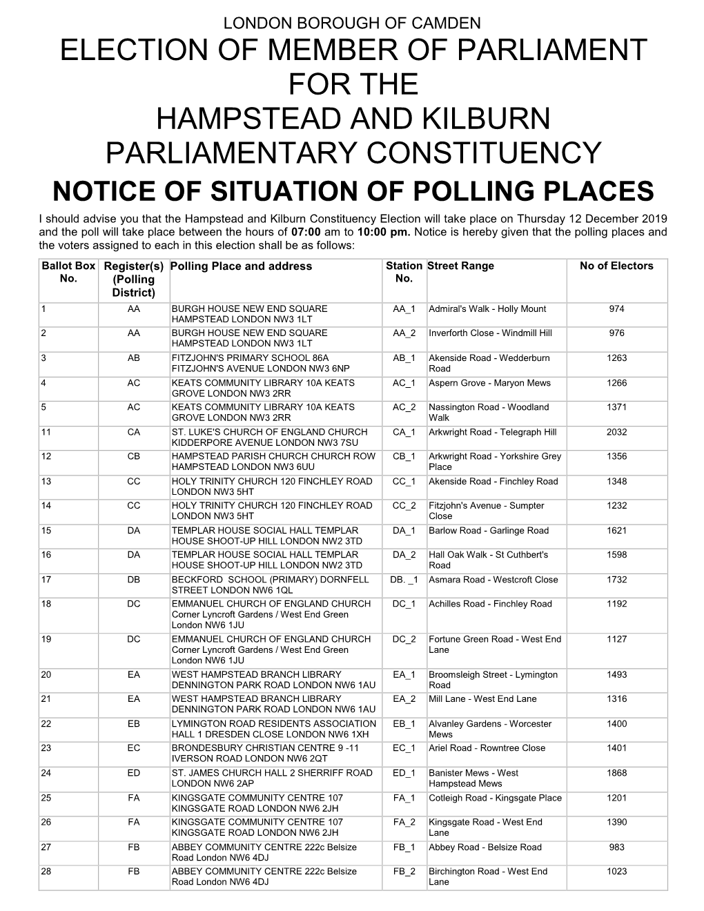 Hampstead and Kilburn Constituency Election Will Take Place on Thursday 12 December 2019 and the Poll Will Take Place Between the Hours of 07:00 Am to 10:00 Pm