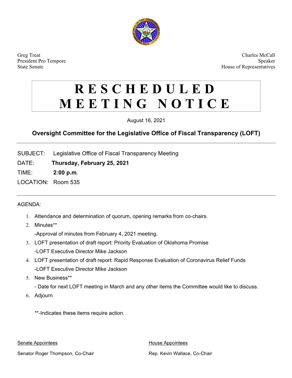 Rescheduled Meeting Notice