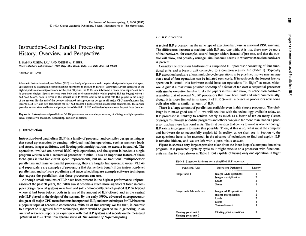 Instruction-Level Parallel Processing: History, Overview, and Perspective