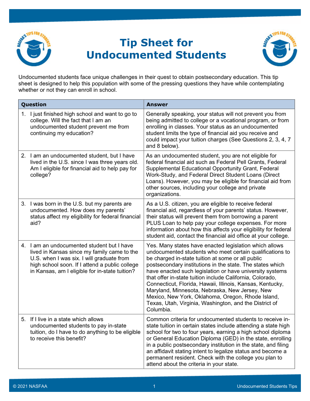 Tip Sheet for Undocumented Students