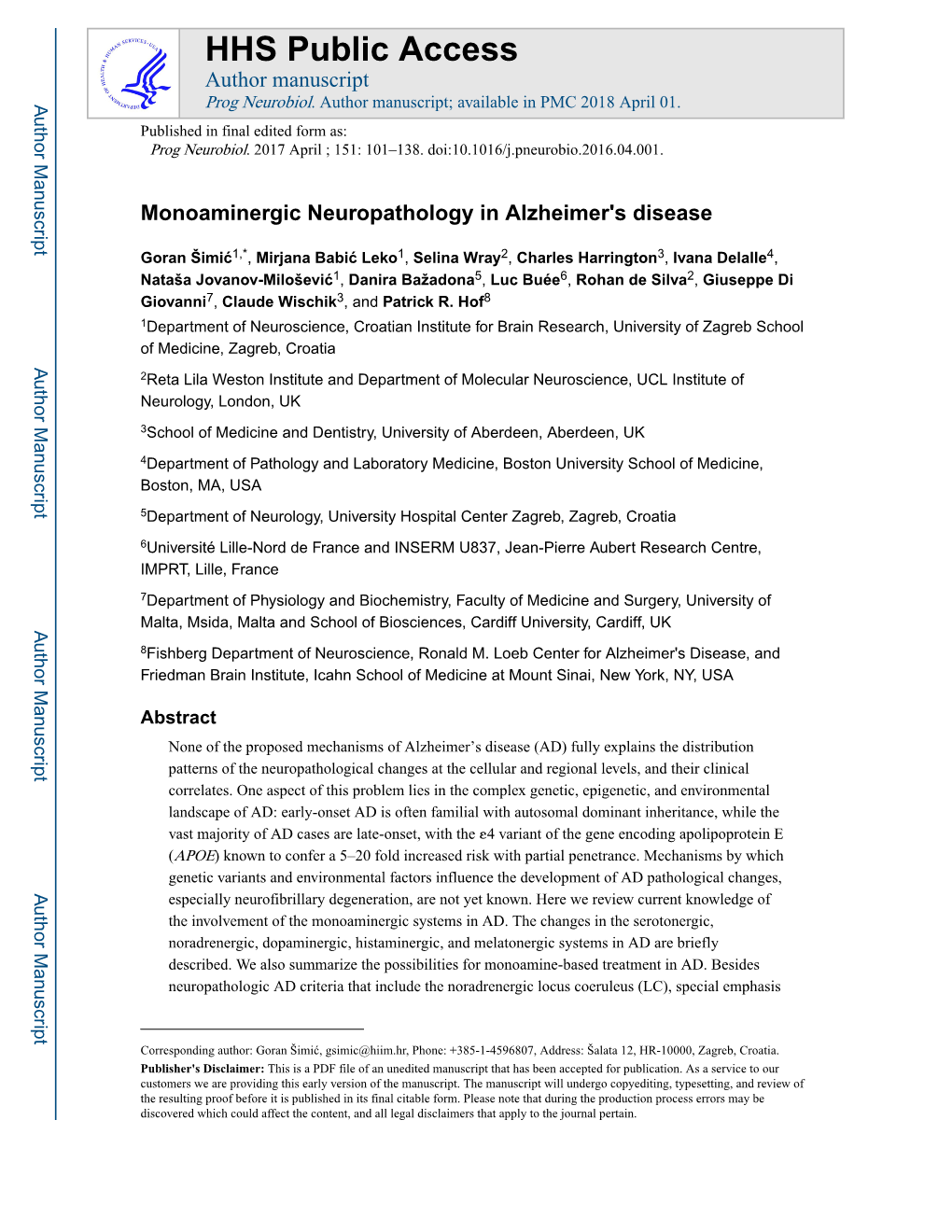 Monoaminergic Neuropathology in Alzheimer's Disease