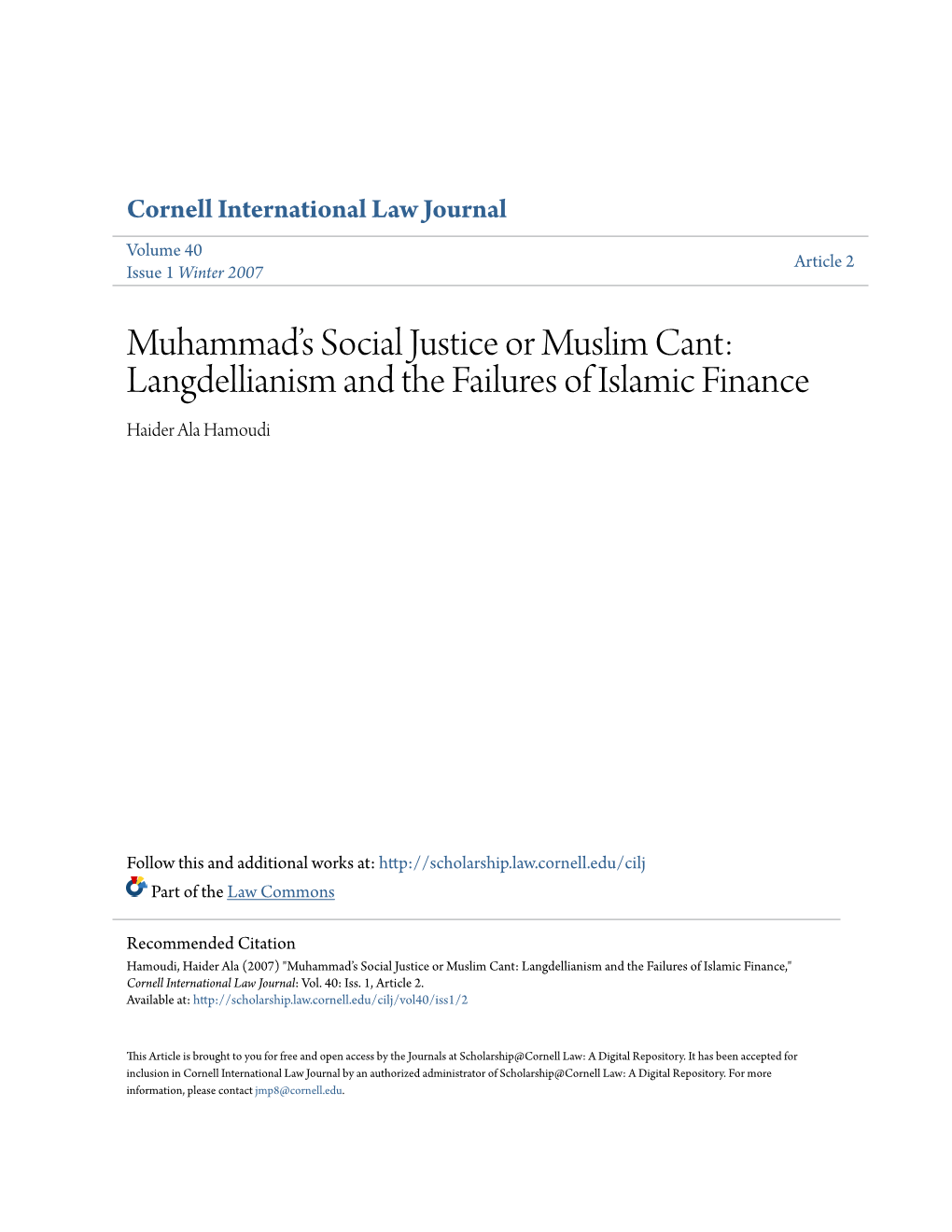 Muhammadâ•Žs Social Justice Or Muslim Cant: Langdellianism And