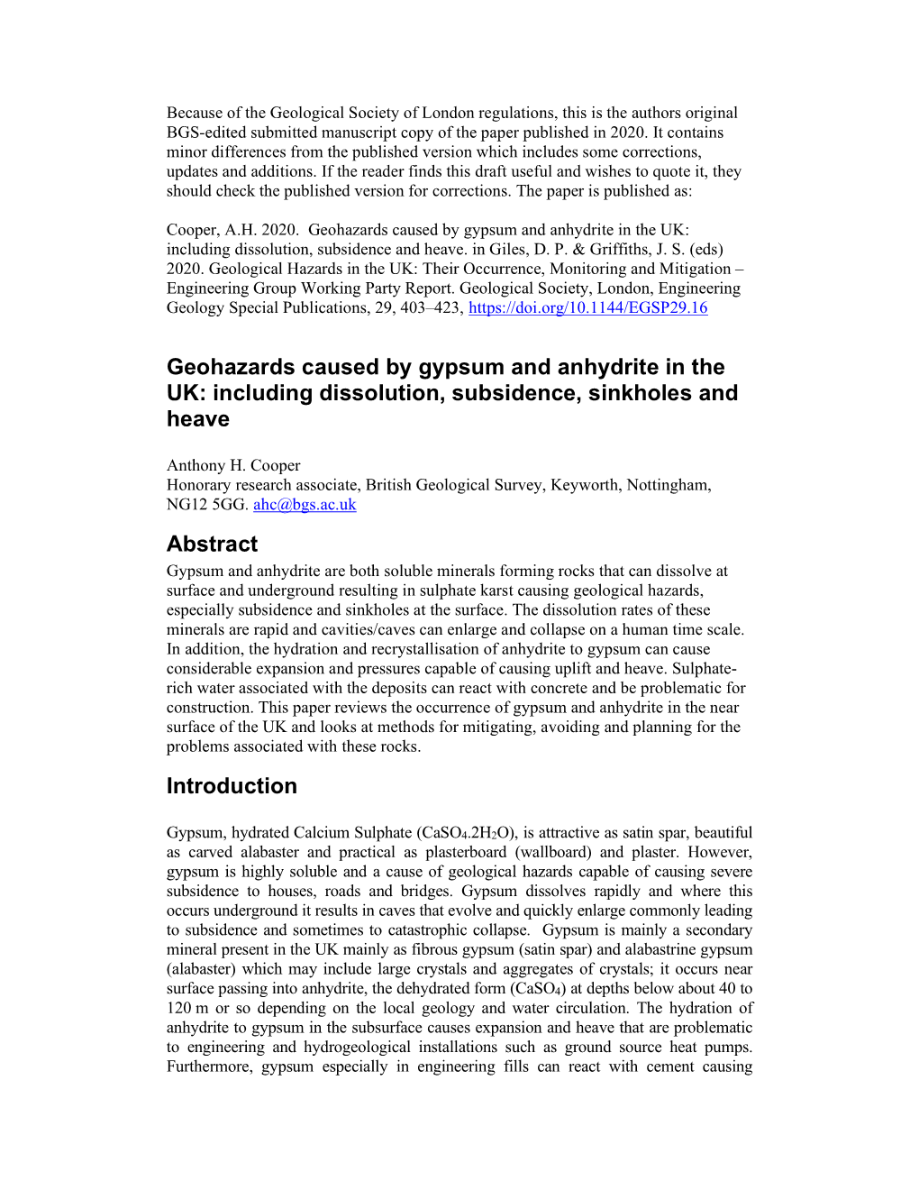 Geohazards Caused by Gypsum and Anhydrite in the UK: Including Dissolution, Subsidence and Heave