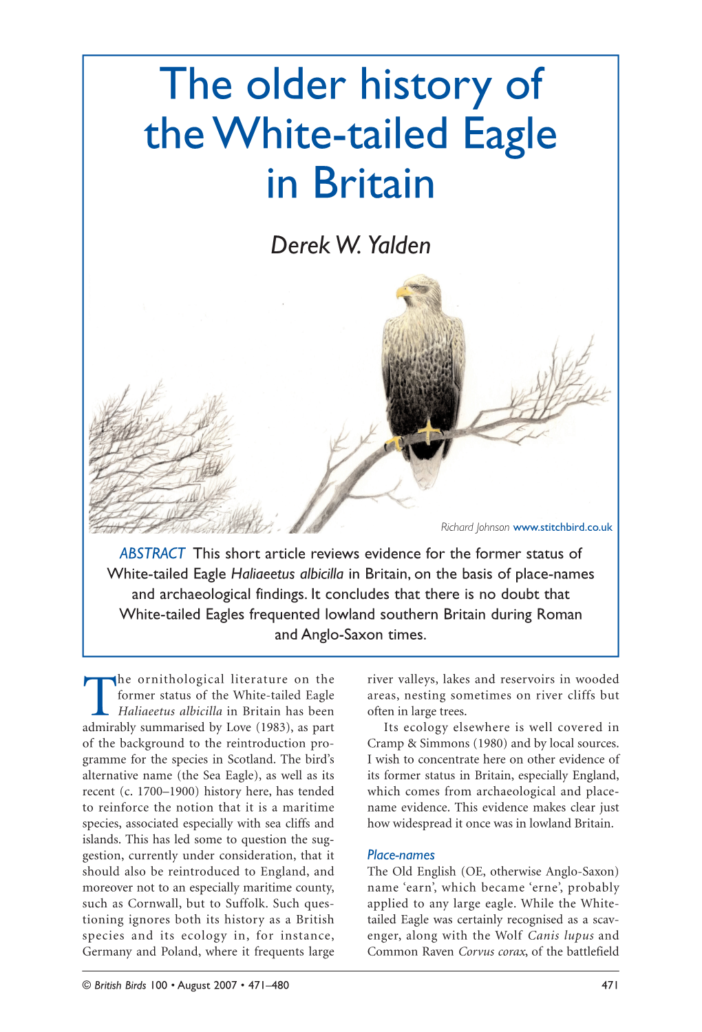 The Older History of the White-Tailed Eagle in Britain Derek W