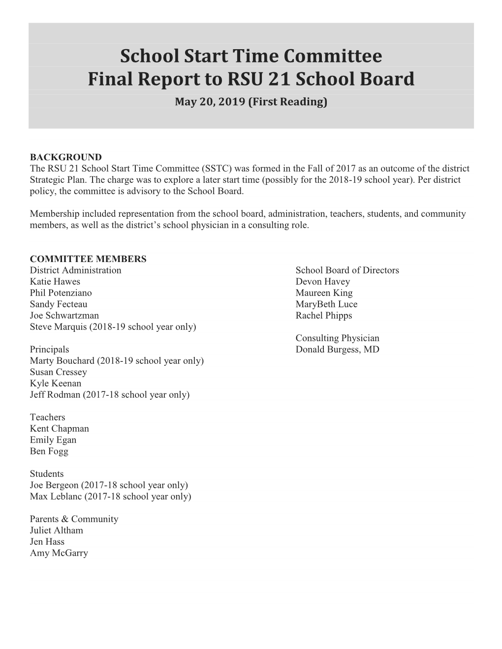 School Start Time Committee Final Report to RSU 21 School Board