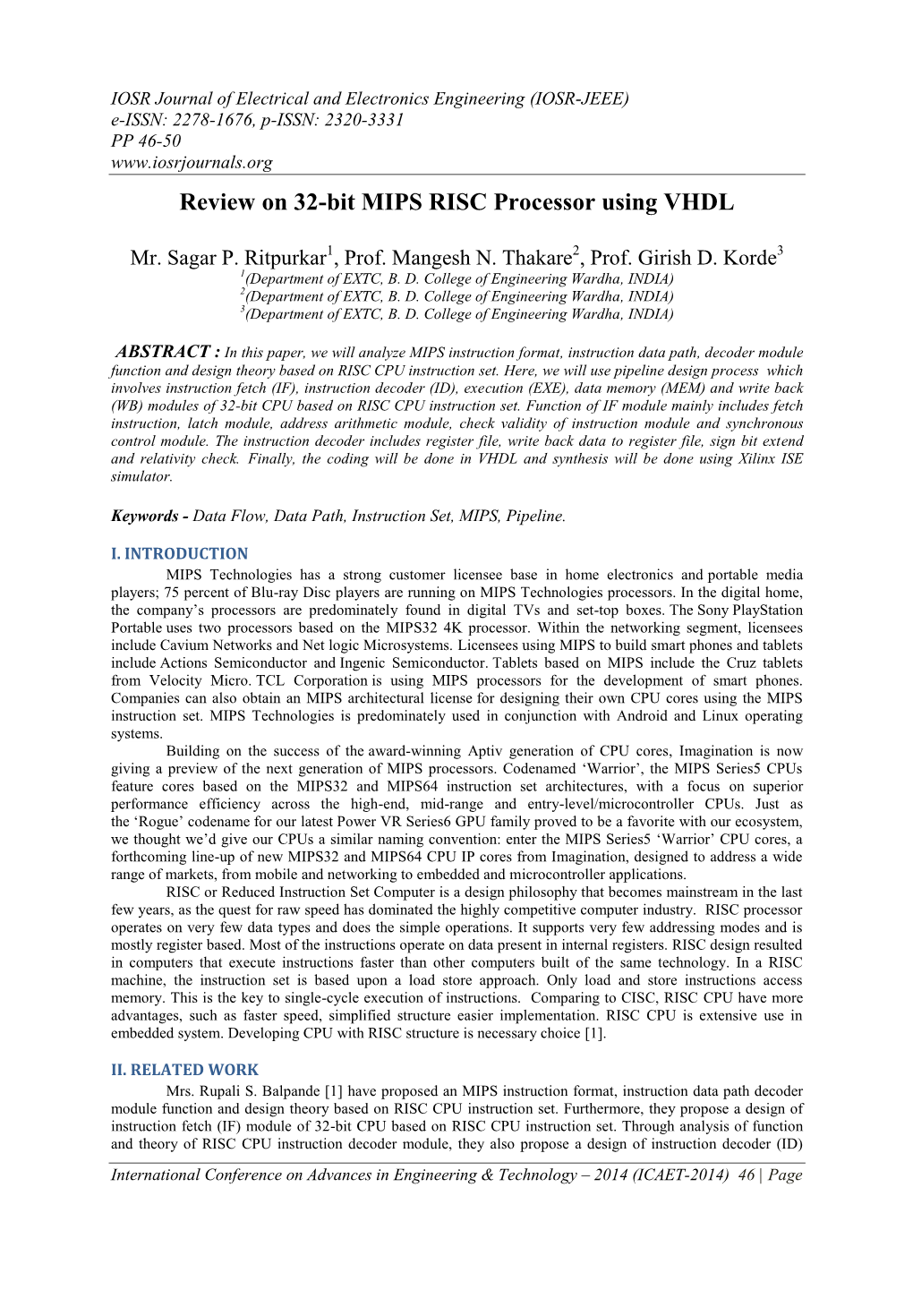 Review on 32-Bit MIPS RISC Processor Using VHDL