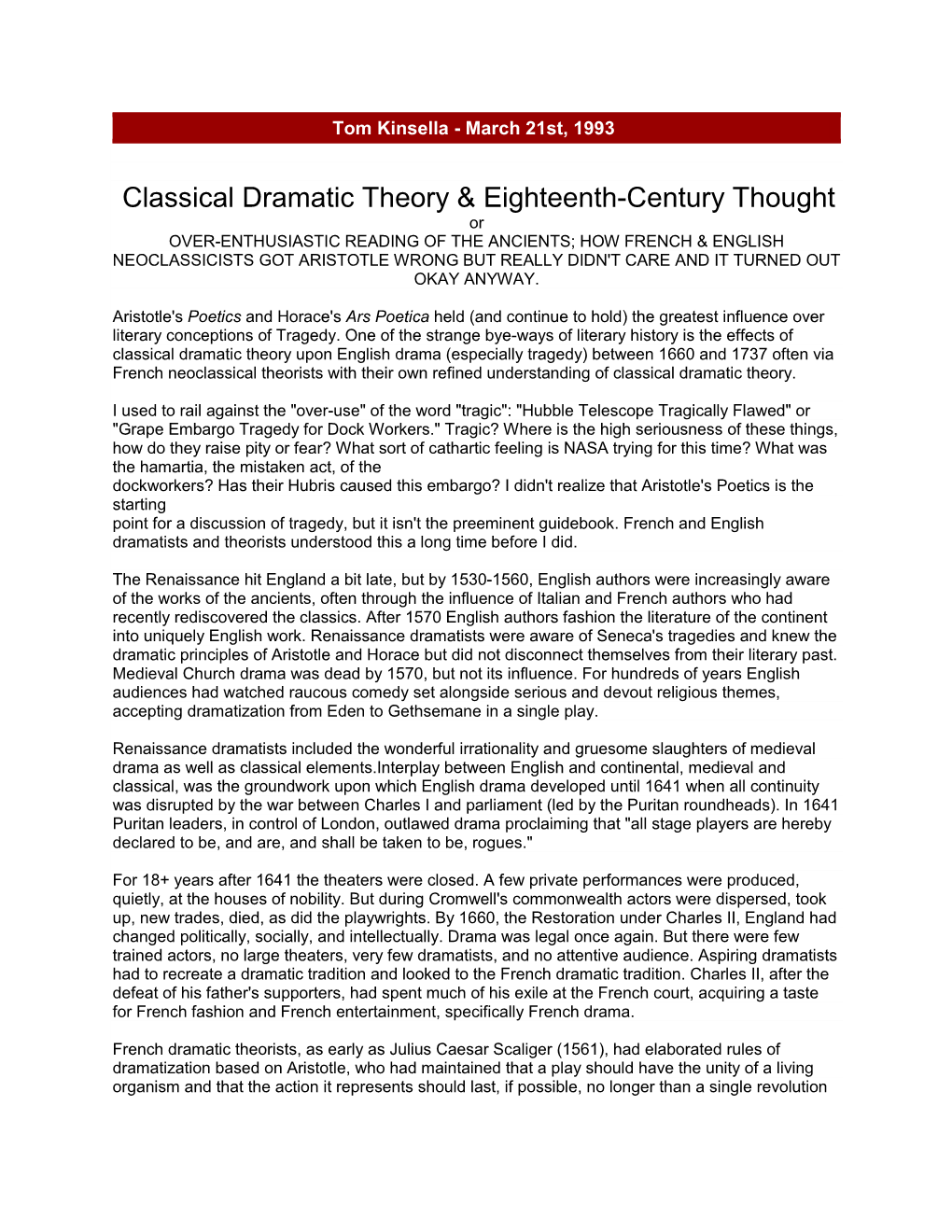 Classical Dramatic Theory & Eighteenth-Century Thought